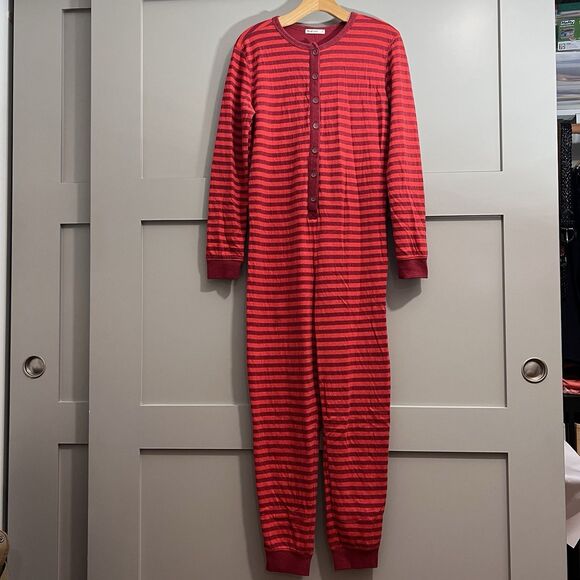 Marine Layer Pajama Women Small Red Striped One Piece Jumpsuit Henley Holiday - Picture 1 of 16